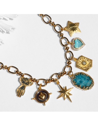 Claudia Blue Short Chain Necklace with Charms Paris Déstockage Promo